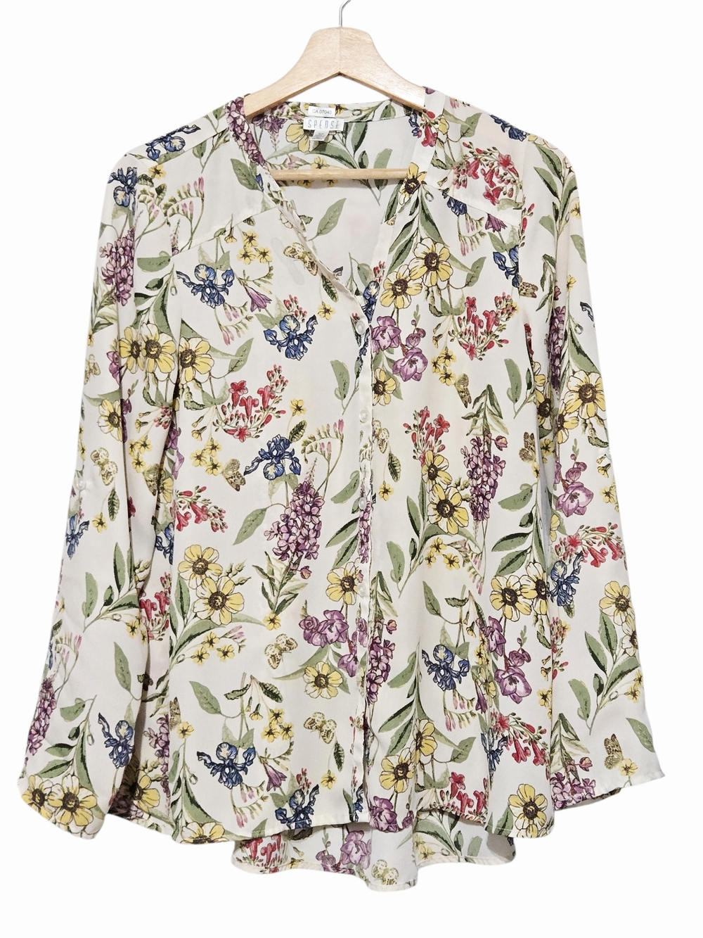 Spense Cream Floral Print Longsleeve  Button-Front Blouse  Size Small